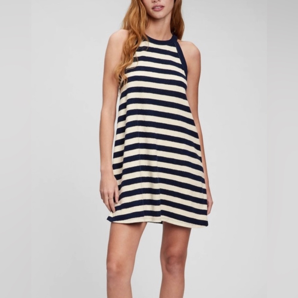 GAP NWT Towel Terry Stripe Halter Dress SMALL Navy Blue & Ivory Nautical